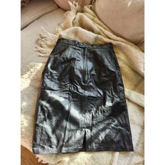 90s Vintage Black Leather Slit Skirt By GOSSIP S - Picture 1 of 6